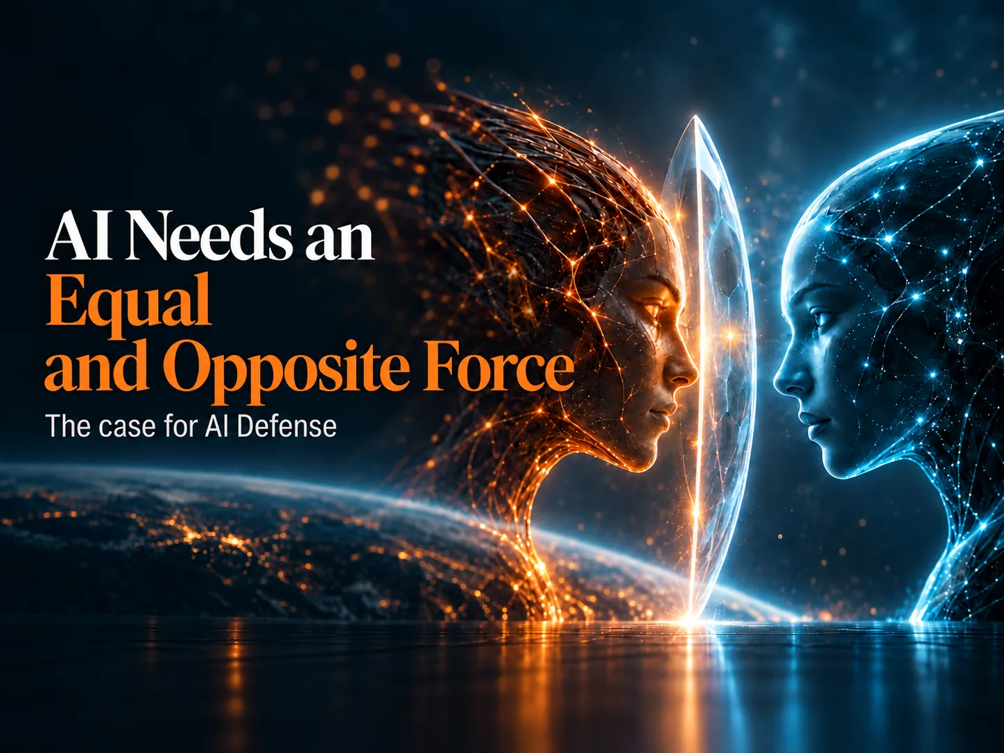 Two faces in profile separated by a light shield: an orange frontier intelligence and a blue defensive intelligence, titled AI Needs an Equal and Opposite Force.