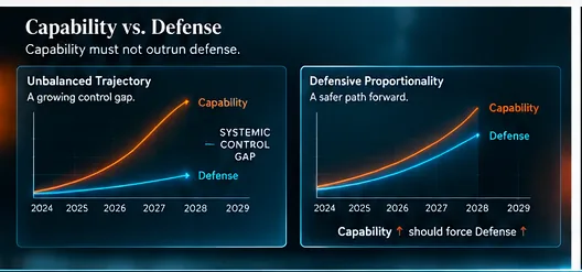 Two illustrative charts from 2024 to 2029: an unbalanced trajectory where capability curves upward and defense stays flat, leaving a systemic control gap, and a proportional trajectory where defense rises with capability.